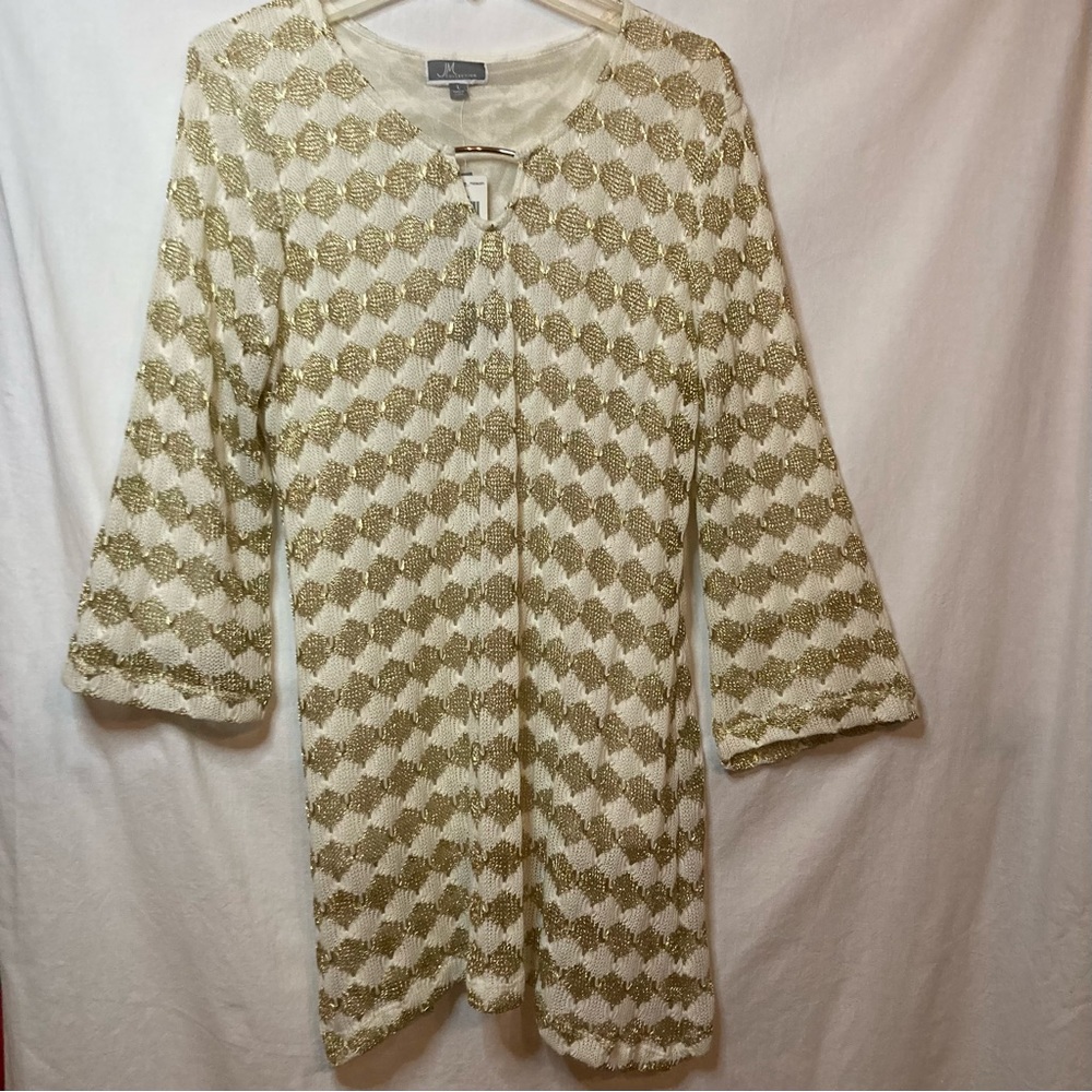 JM Collection embellished caftan tunic, white/gold, metal detail, Size L, NWT